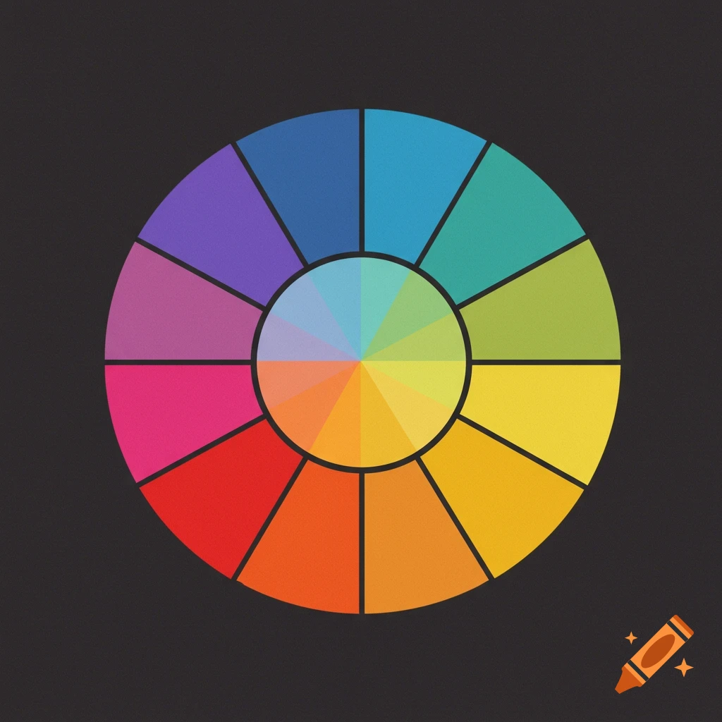 A color wheel with segments showing a gradient of colors from red to purple on a dark background.