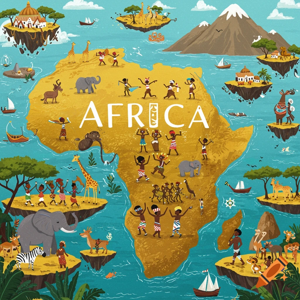 Colorful illustration of the map of Africa with scenes, animals, and people, labeled 'AFRICA'.