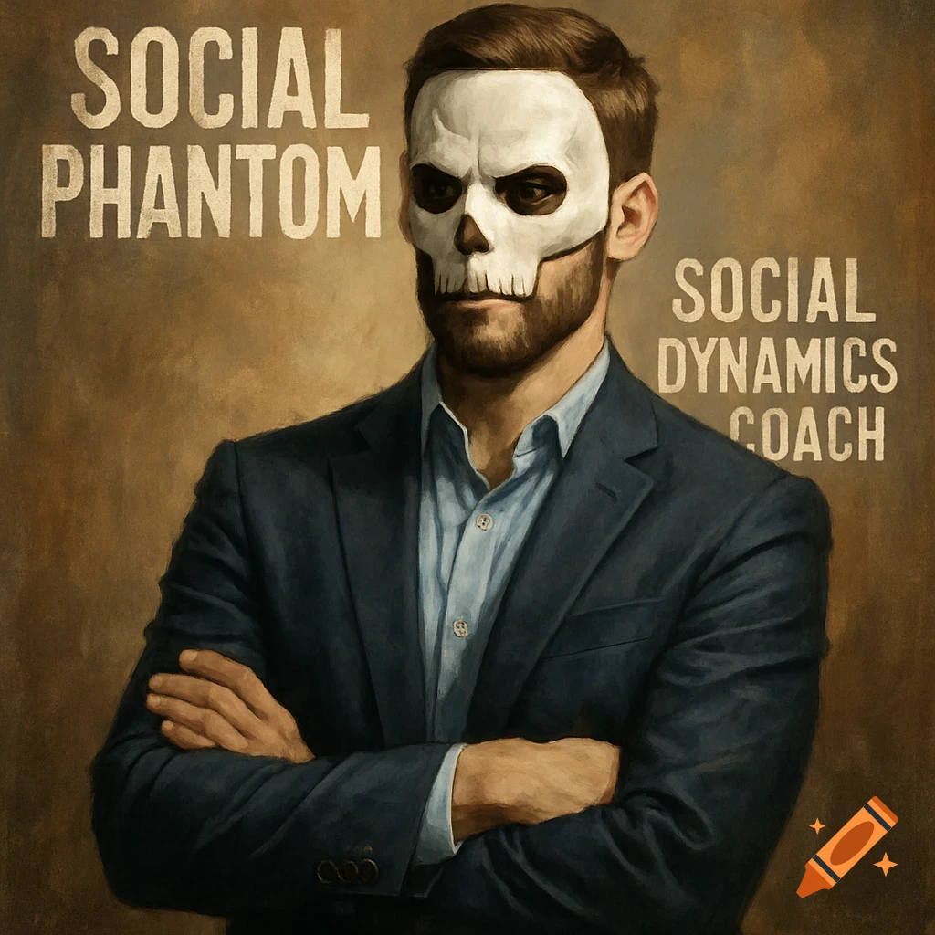 Man in a suit and skull mask with text "Social Phantom Social Dynamics Coach".