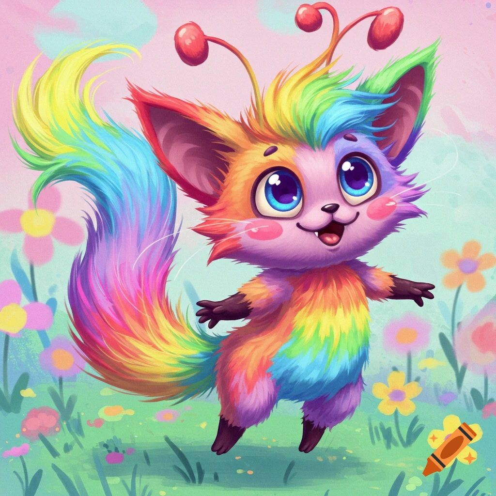 Colorful cartoon creature with rainbow fur and cherry antennae in a flower field.