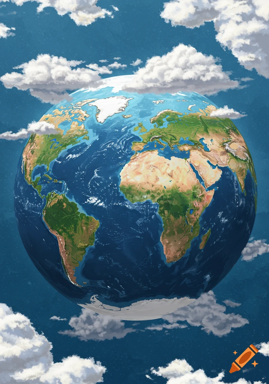 Stylized illustration of the Earth in space surrounded by clouds.