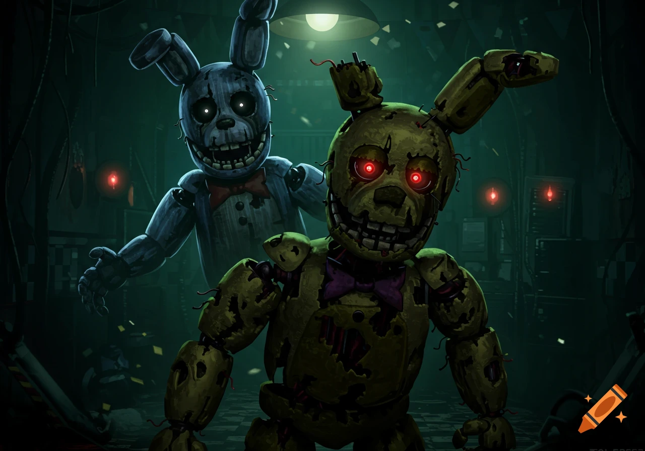 Two damaged animatronic rabbit characters, Springtrap and Phantom Bonnie, stand in a dark, eerie room.