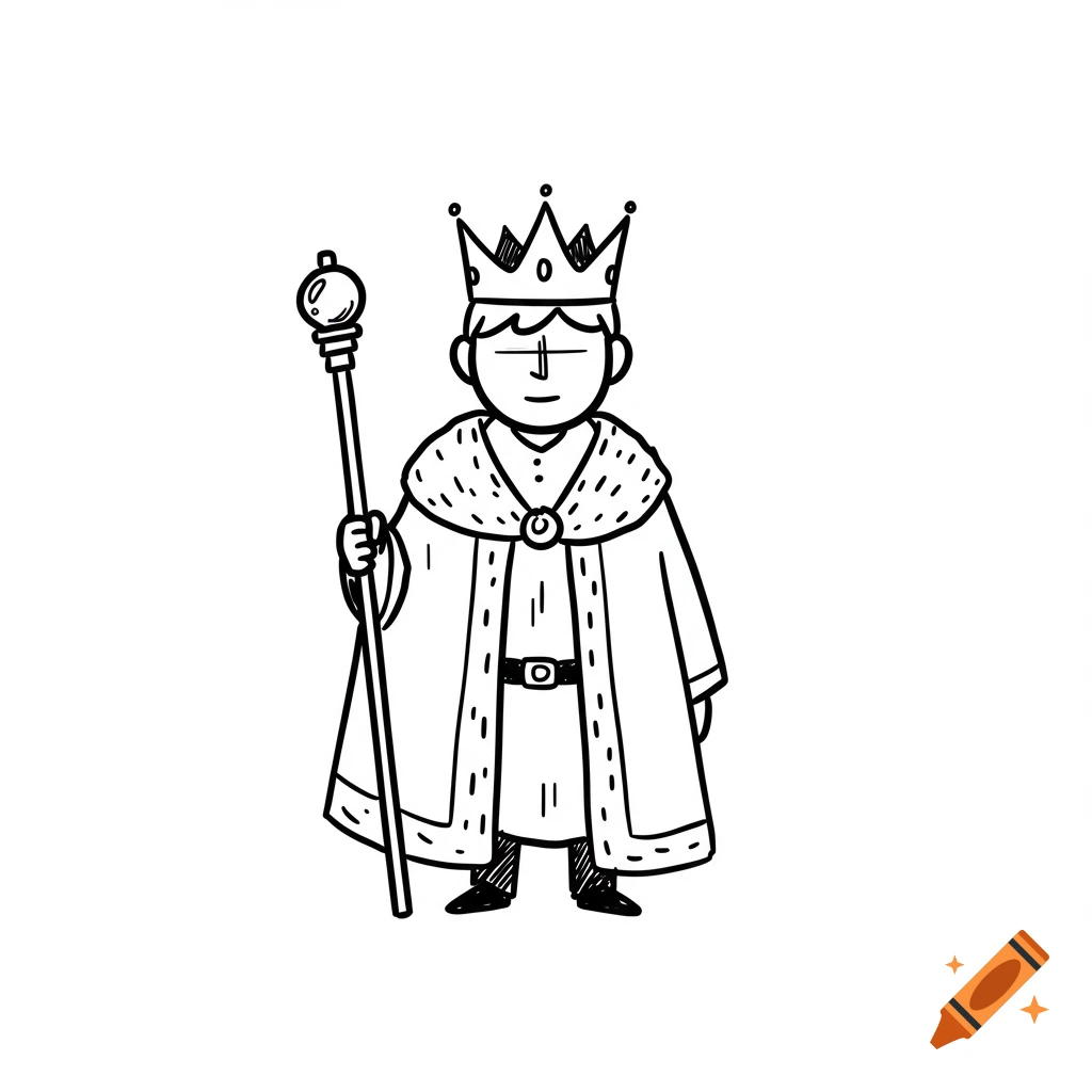 Black and white doodle of a king holding a scepter.