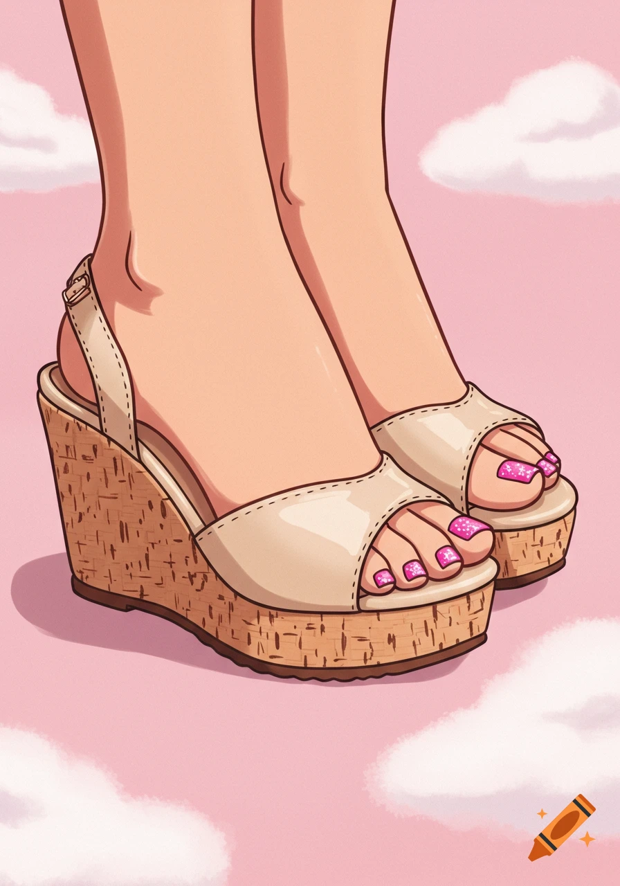 Illustrative image of feet wearing beige wedge sandals with pink toenail polish against a pink sky with clouds.