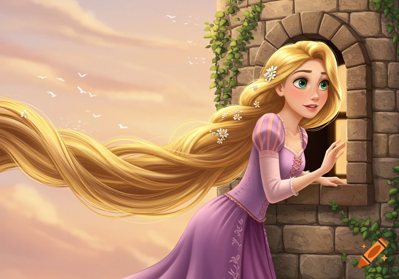 Illustration of Rapunzel looking out a stone tower window with her long blonde hair flowing