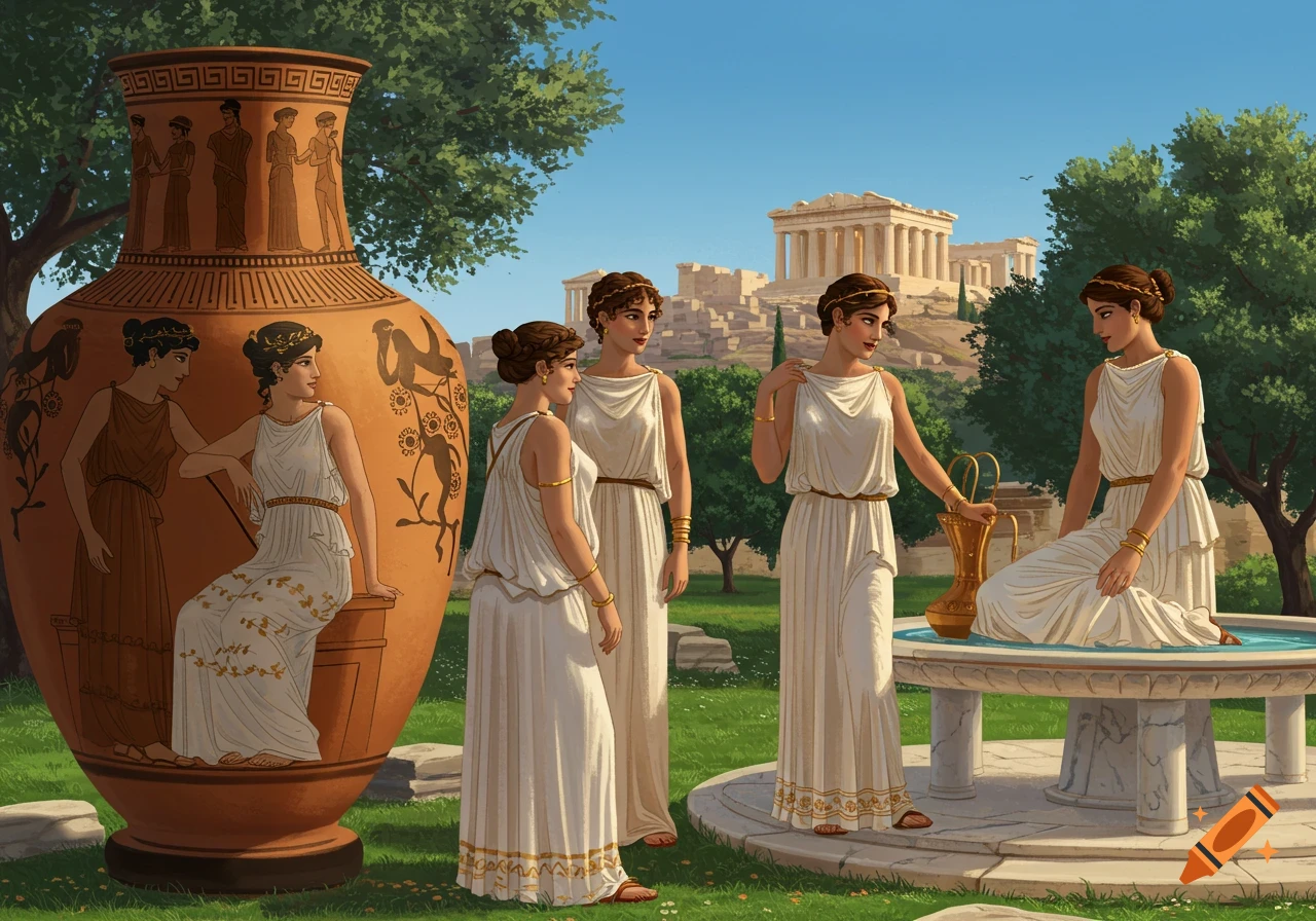 Women in ancient Greek dresses stand near a large vase and fountain with the Acropolis in the background.
