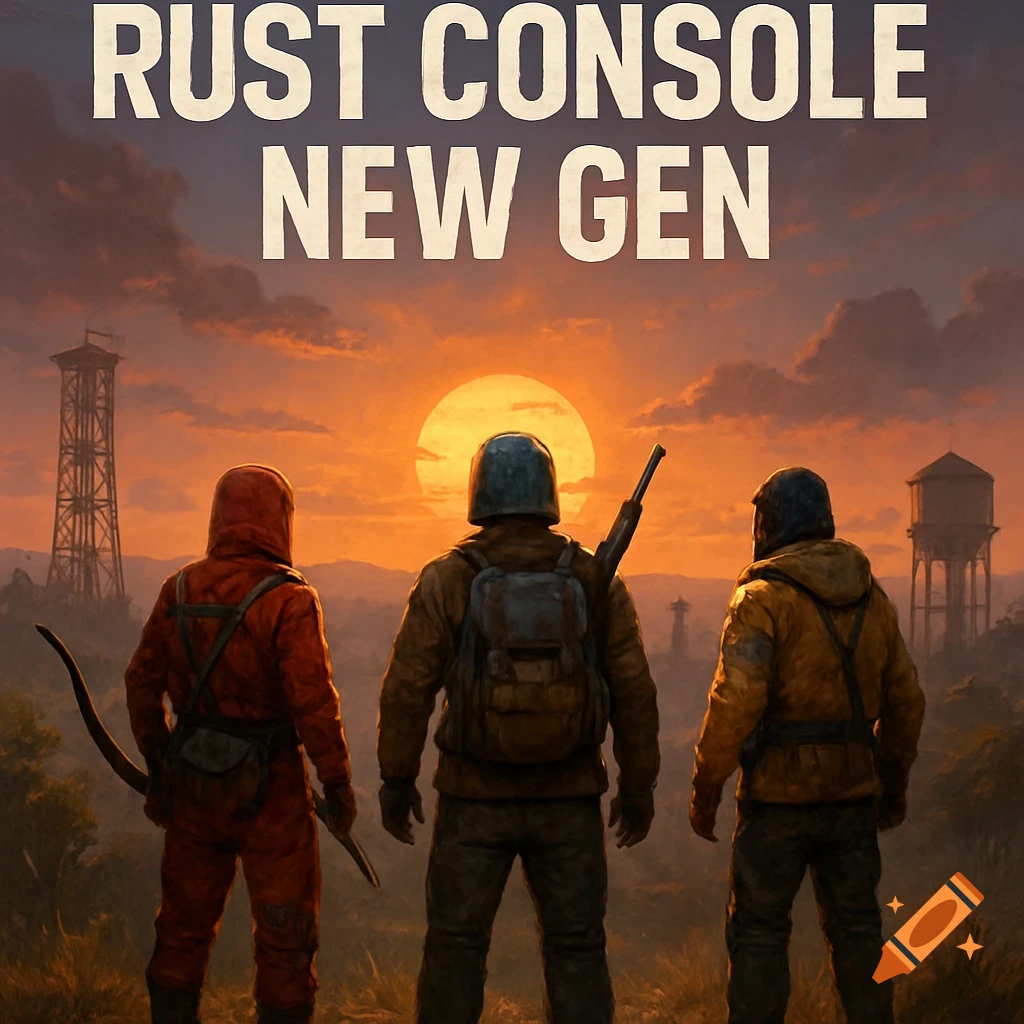 Three figures in survival gear stand looking at a sunset over a post-apocalyptic landscape with towers, with the text "RUST CONSOLE NEW GEN" above.