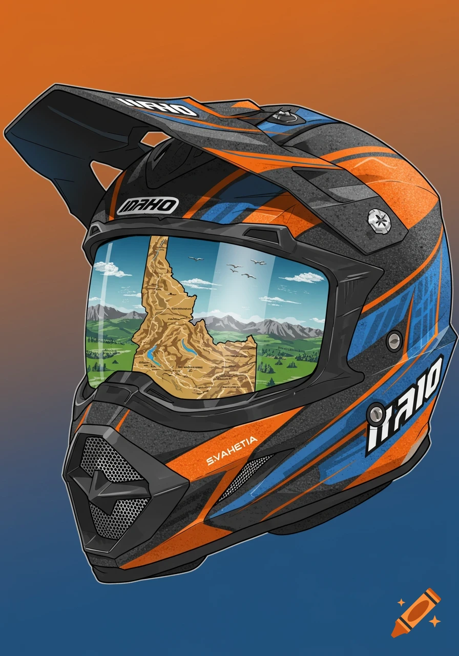 An illustration of a dirtbike helmet with an orange and blue design. The visor reflects a map of Idaho with mountains and sky behind it.