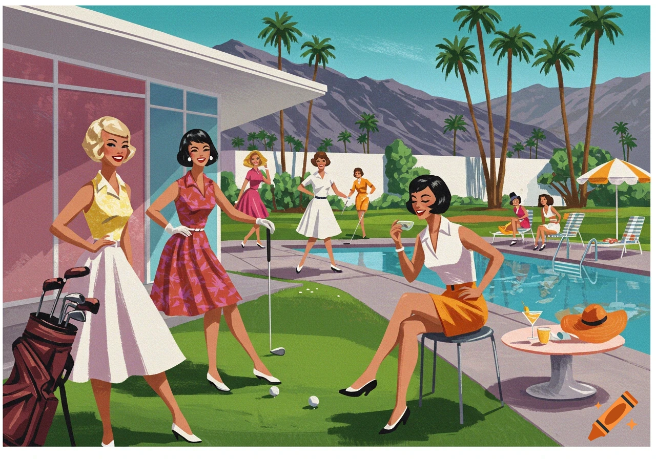 Retro illustration of women playing golf and relaxing by a pool near a mid-century modern house in Palm Springs