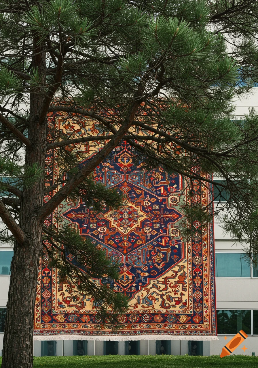 An ornate rug hangs vertically on a building, partially obscured by a pine tree in the foreground.
