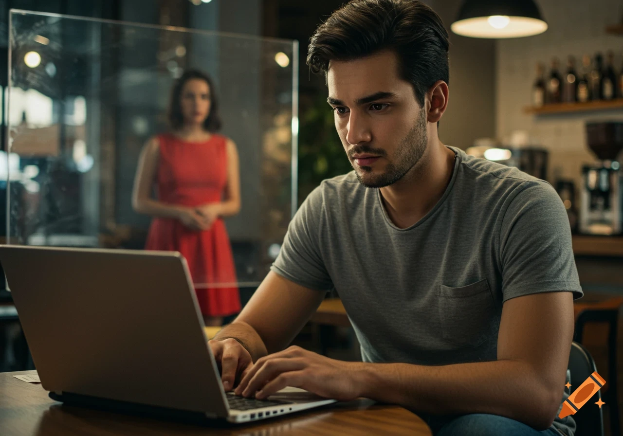 Man working on laptop in cafe with woman visible behind glass screen.