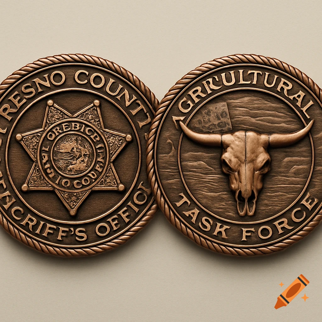 Two antique copper challenge coins. The left features a sheriff's badge with text 'FRESNO COUNTY SHERIFF'S OFFICE'. The right features a longhorn steer skull with text 'AGRICULTURAL TASK FORCE'.