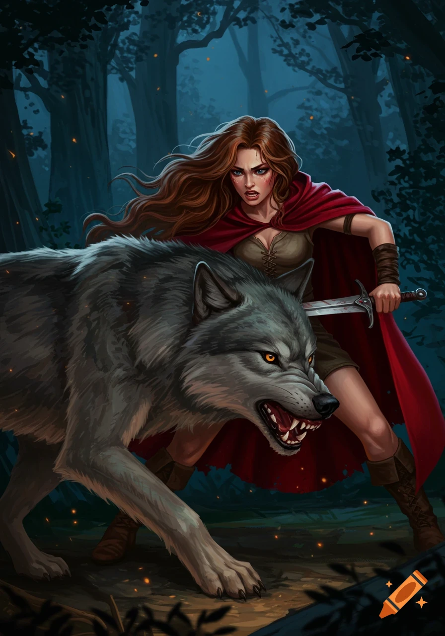 Fantasy illustration of a woman with a red cloak and sword fighting a snarling wolf in a dark forest.