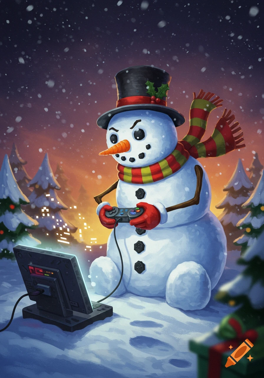 A cartoon snowman wearing a top hat and scarf sits in the snow playing a video game on a small monitor.