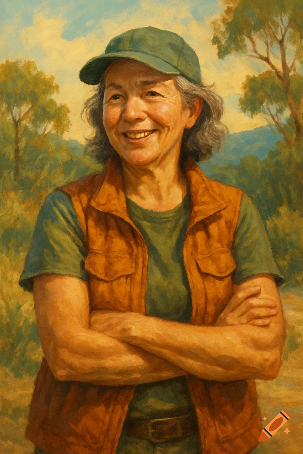 Painterly portrait of a smiling woman in a cap and vest with arms crossed, standing outdoors