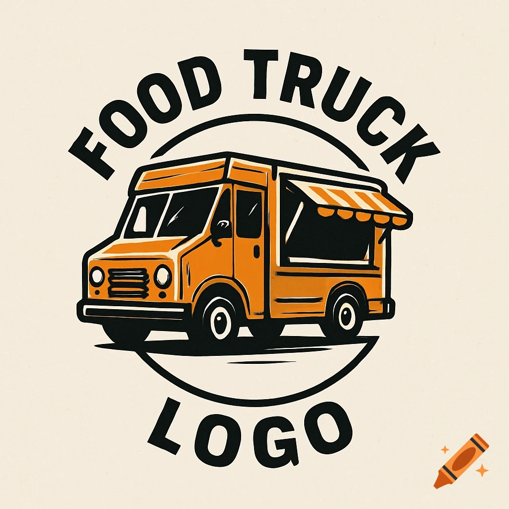 Stylized illustration of an orange food truck logo with the text 'FOOD TRUCK LOGO'.