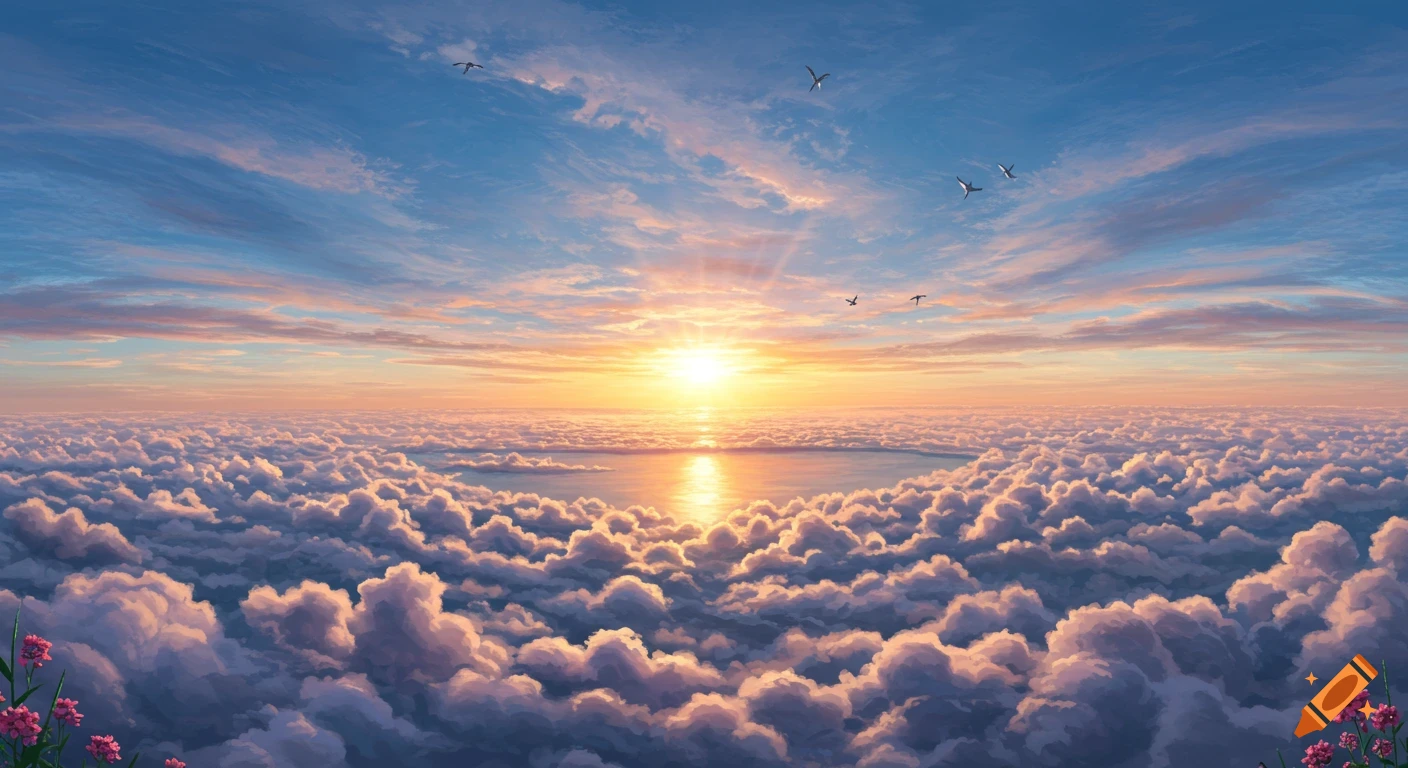 Photorealistic sunset over a sea of clouds with birds flying