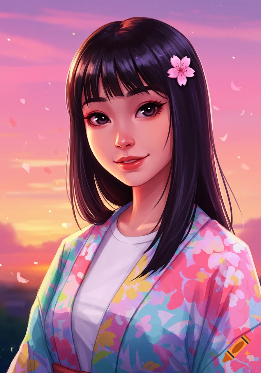 A stylized portrait of a young woman wearing a colorful floral kimono against a sunset background with falling petals.