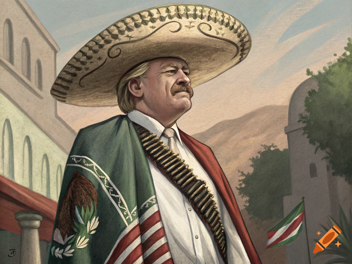 Painted portrait of a man in a sombrero, serape, and bandolier.