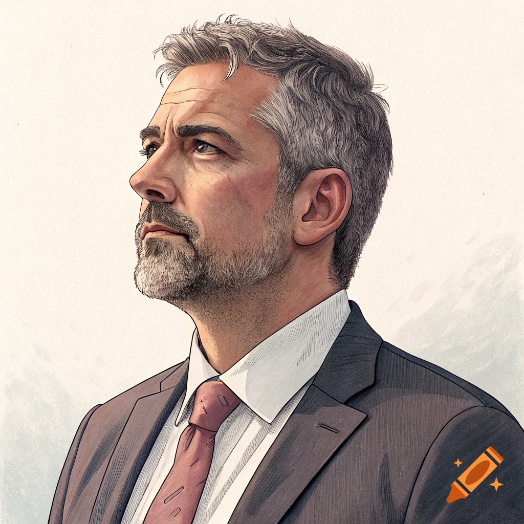Profile portrait illustration of a man in a suit looking upwards.