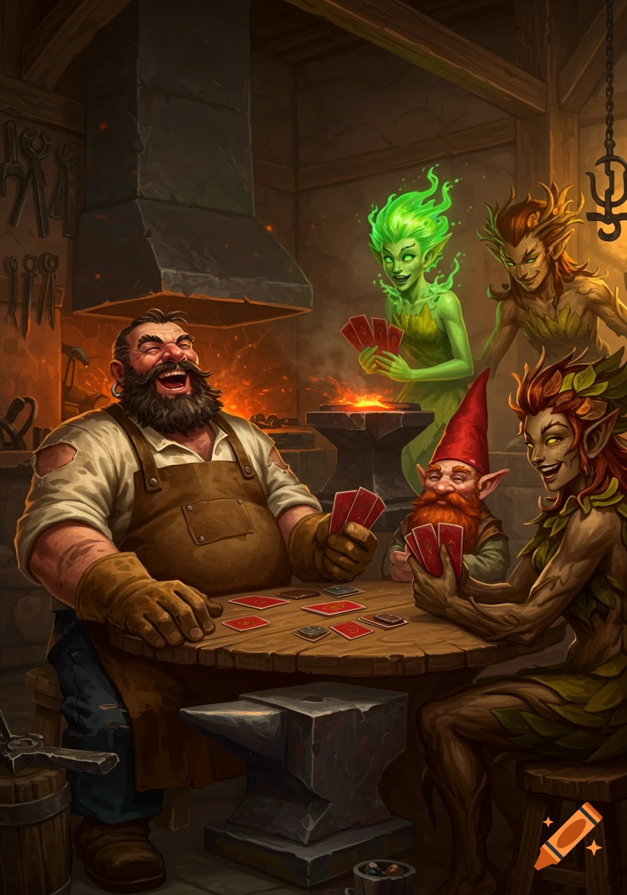 A laughing forge master plays cards with a gnome, treants, and a spirit creature in a smoky forge.