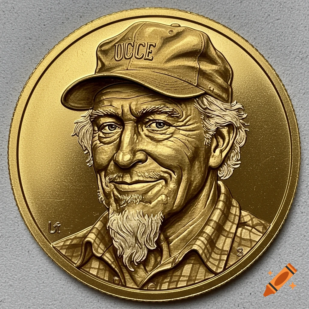 Portrait of a man with a beard and cap on a gold coin