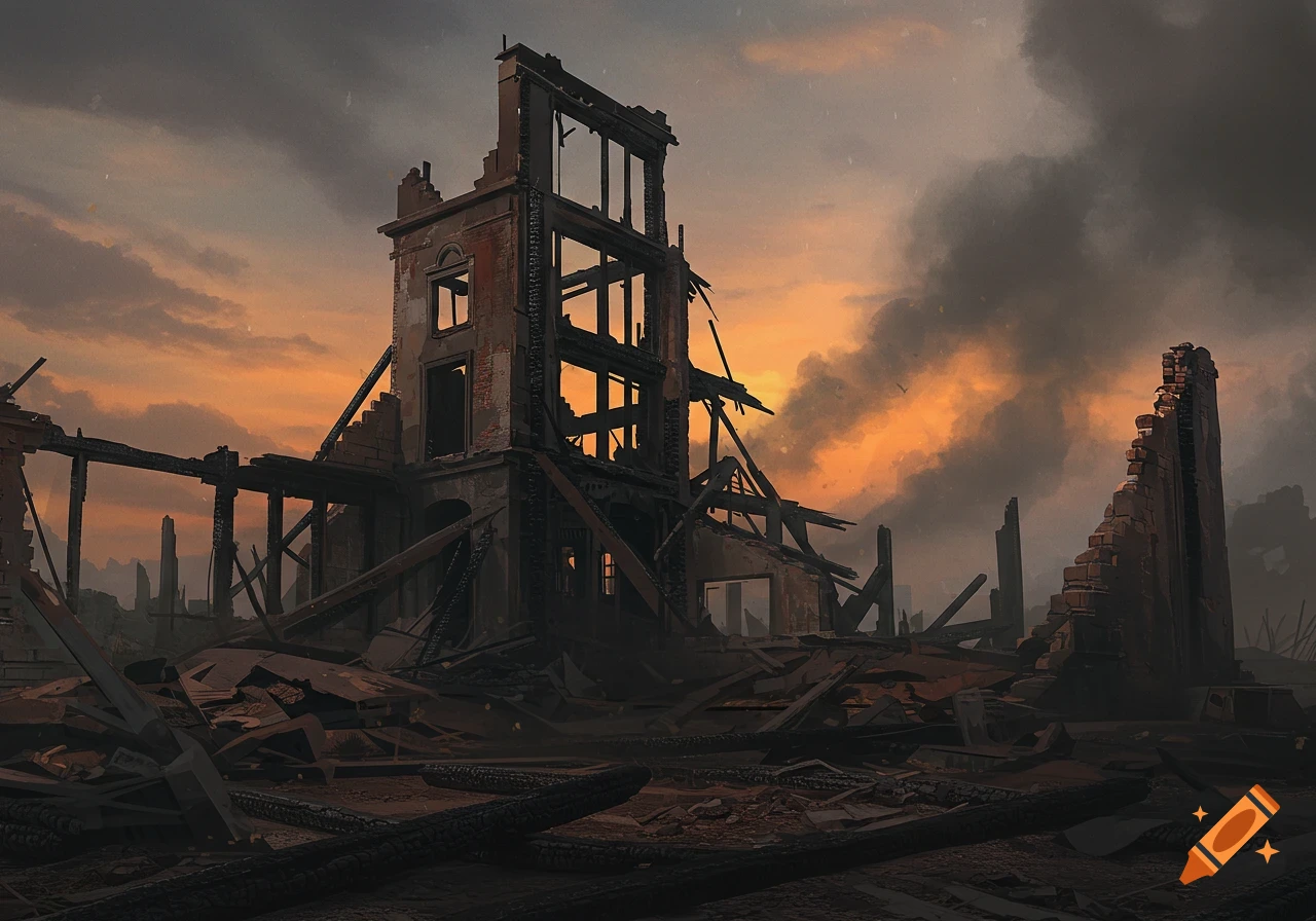 Ruined building structure against a smoky orange sunset sky with debris covering the ground.