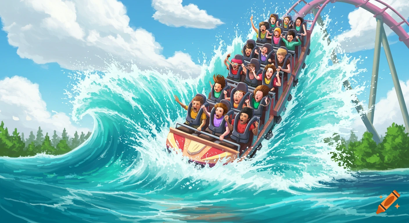 A rollercoaster cart with screaming riders splashing into a large wave of water.