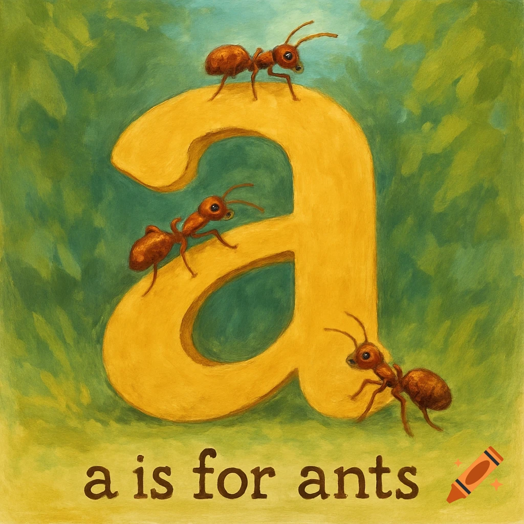 Illustration of ants on a large letter 'a' with the text 'a is for ants' below.