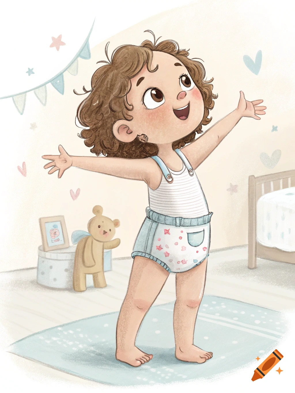 Illustration of a happy toddler in a diaper standing in a bedroom.