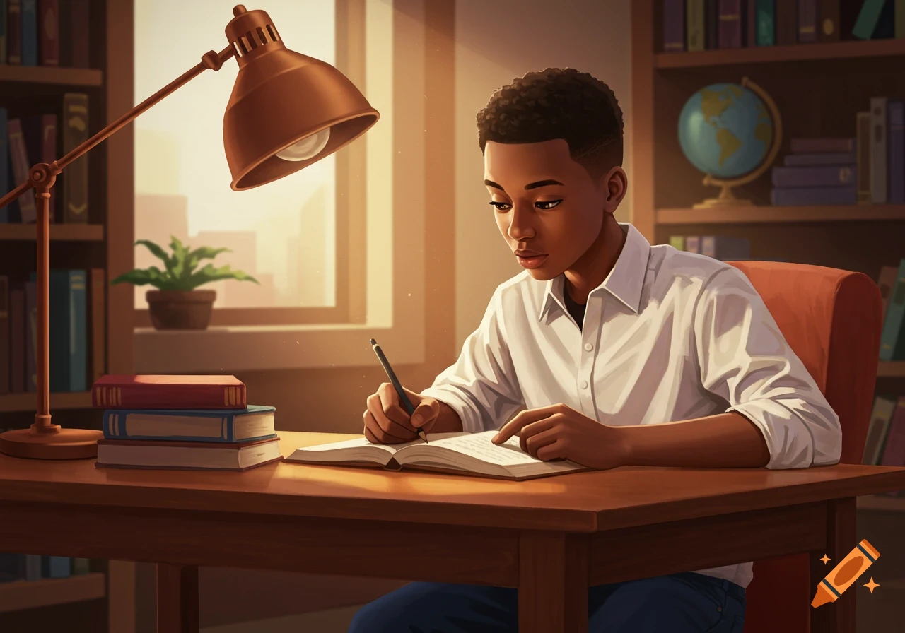 Black boy studying at a desk with books and lamp