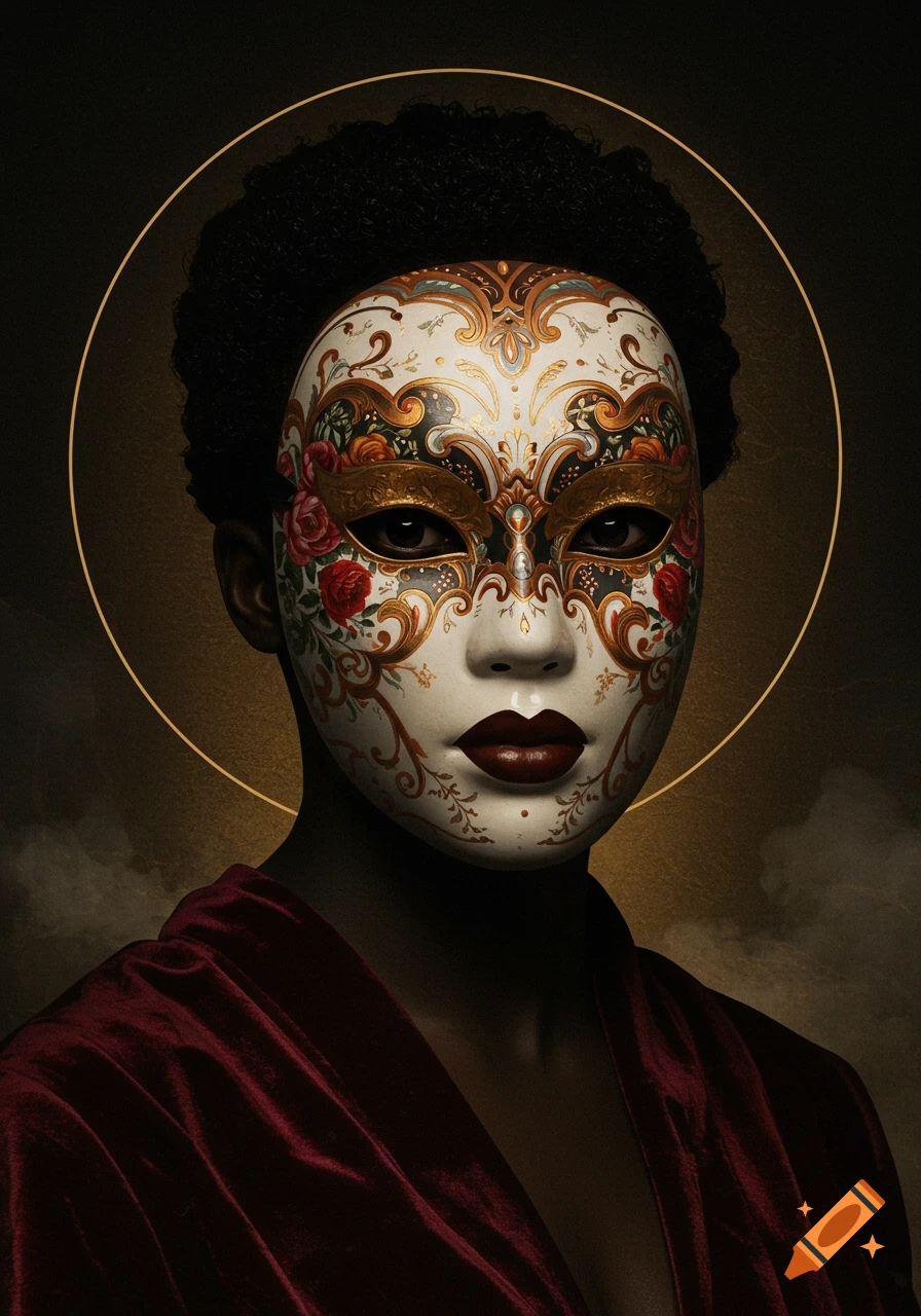 A figure wearing an ornate painted mask and a red robe, with a halo.