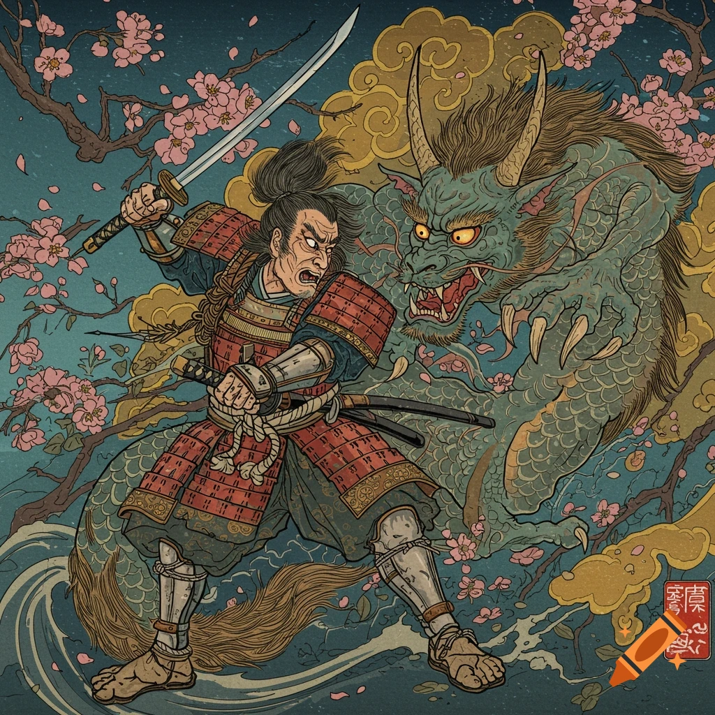 Samurai fights a dragon-like creature under cherry blossoms in a Japanese art style.