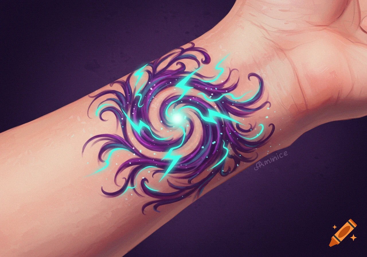 A glowing, swirling purple and blue fantasy mark with lightning bolts on a person's wrist.