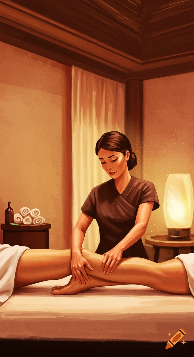Illustration of a masseuse giving a leg massage in a spa room.