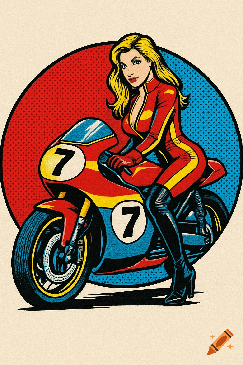 Pop art illustration of a woman in a red racing suit sitting on a motorcycle with the number 7.
