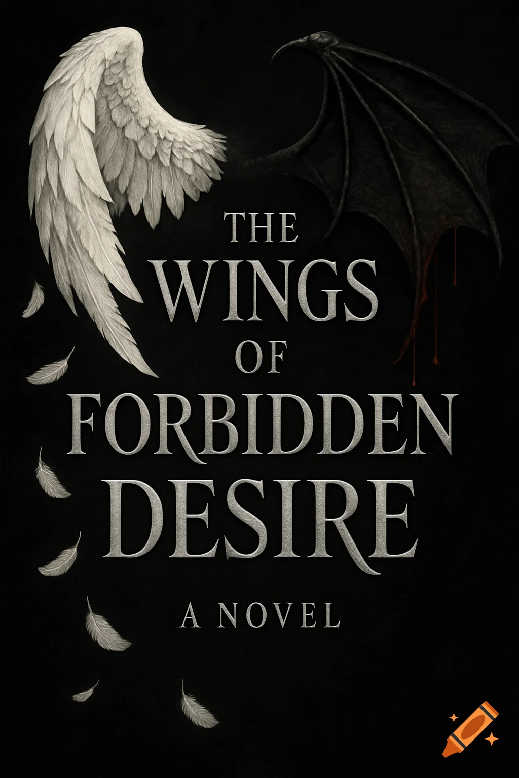 Book cover with a white wing and a black demonic wing, title 'THE WINGS OF FORBIDDEN DESIRE' in silver on black.