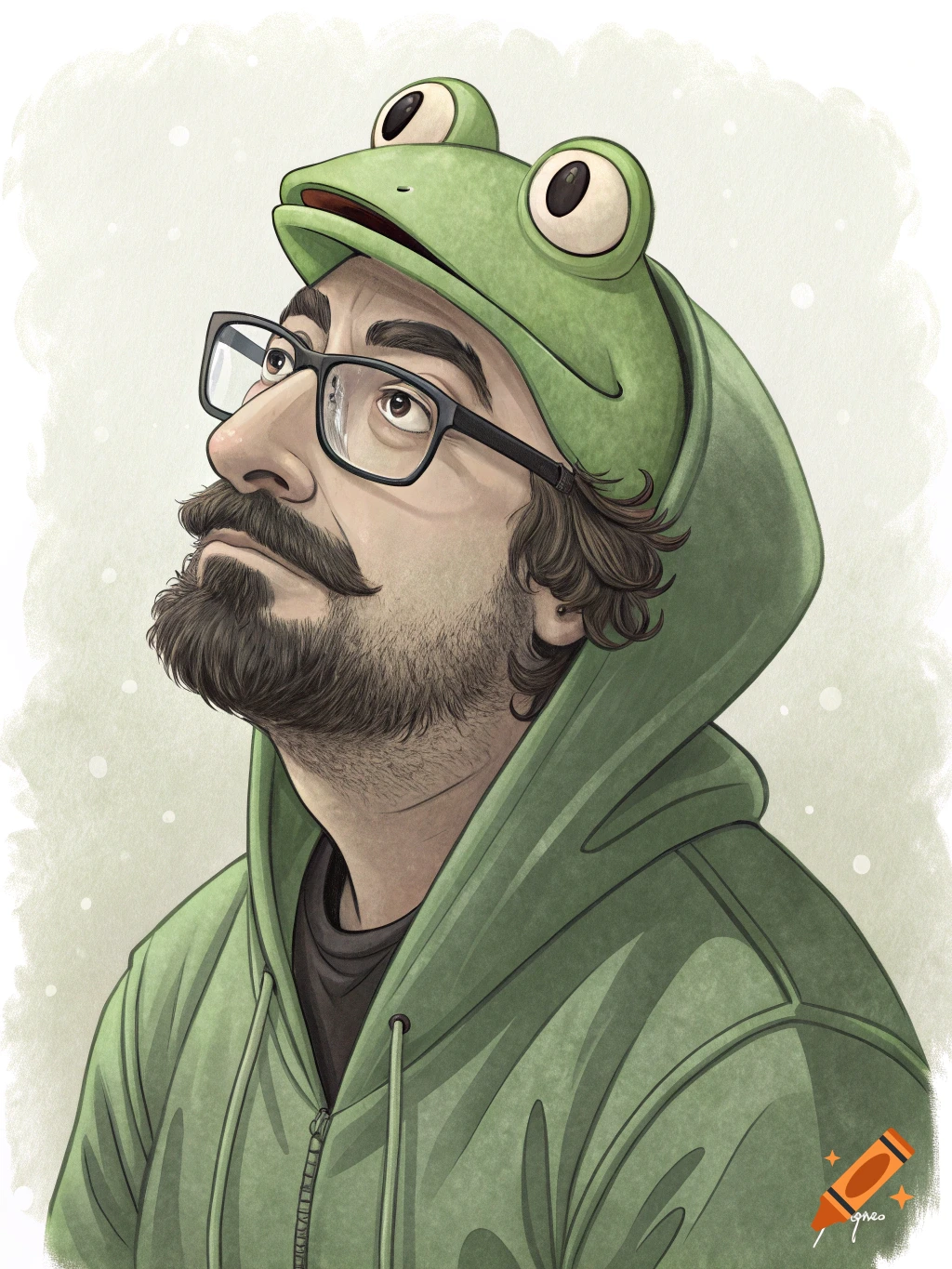 Illustration of a man with glasses and a beard wearing a green frog hoodie