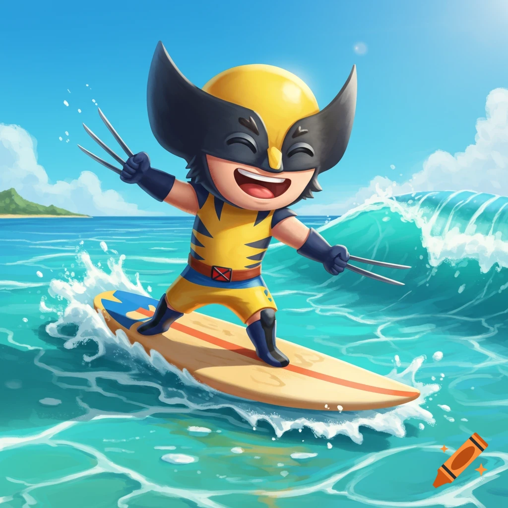 A cute cartoon version of Wolverine surfs a wave in the ocean.