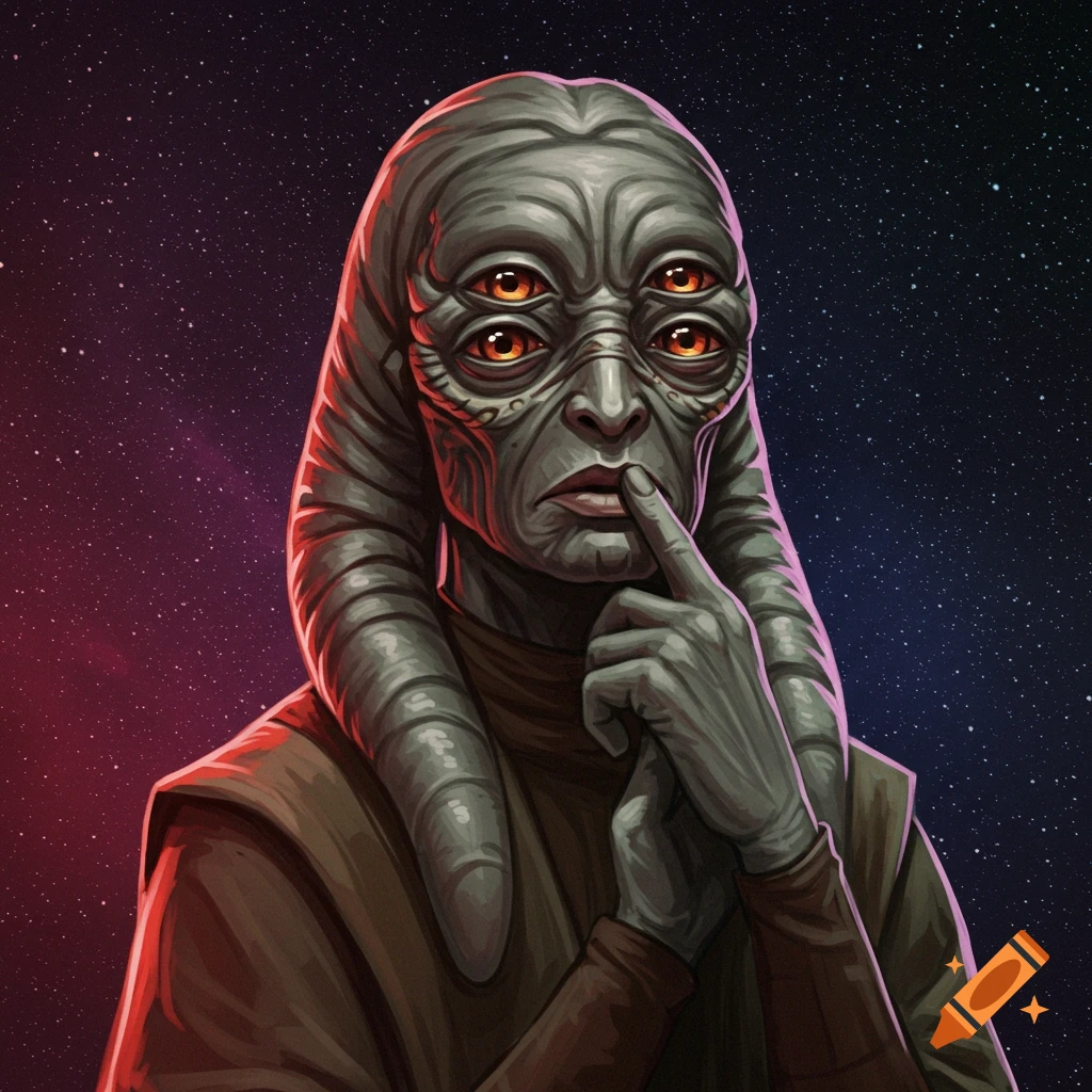 Portrait of a multi-eyed alien with tentacles against a starry space background.