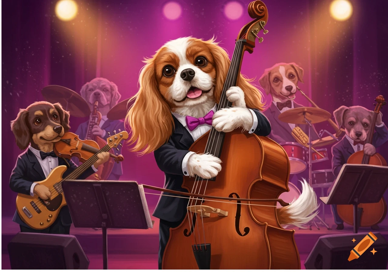 An illustrated image of a band of dogs playing instruments on a stage, led by a King Charles Cavalier Spaniel playing the double bass.