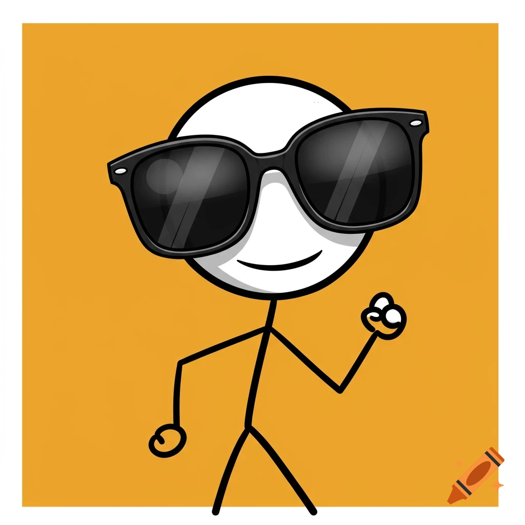 A cartoon stick figure wearing large black sunglasses on an orange background.