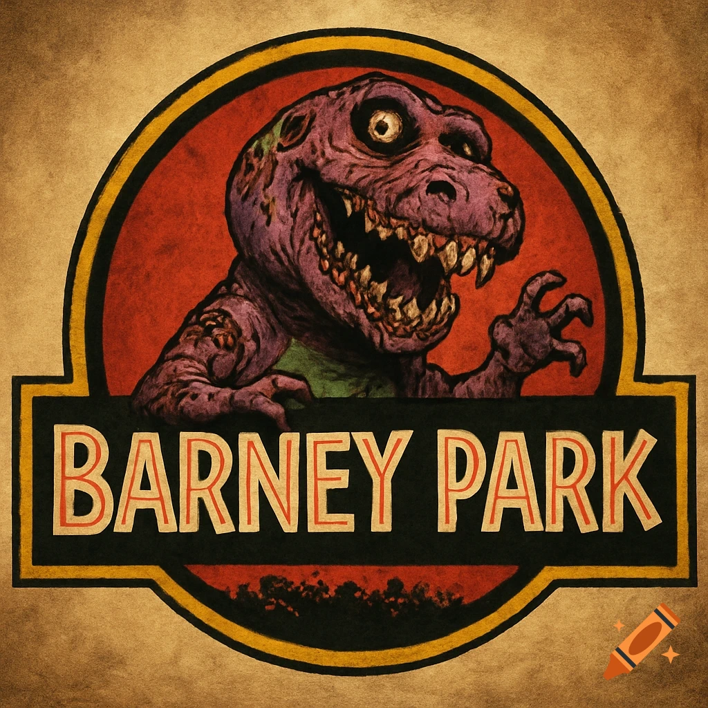 Parody logo in the style of Jurassic Park, featuring a zombified purple dinosaur and the text "BARNEY PARK".