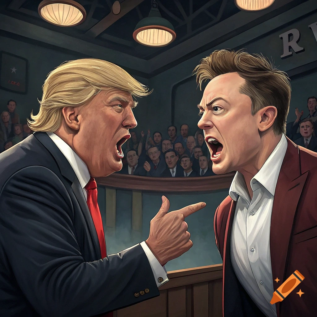 Donald Trump and Elon Musk yelling at each other in a courtroom or talk show setting.