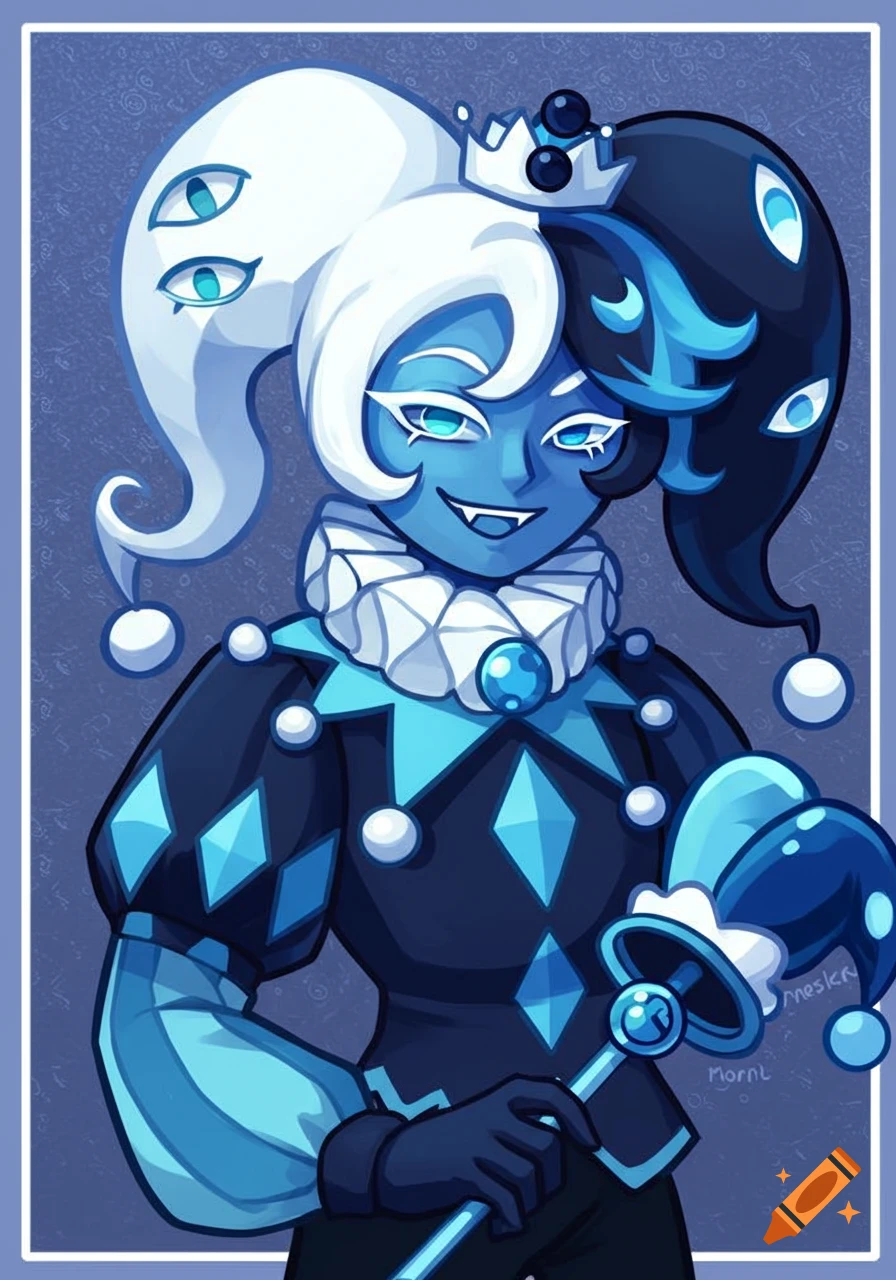 Blue character in a harlequin outfit with multiple blue eyes holds a jester staff in an anime style illustration.