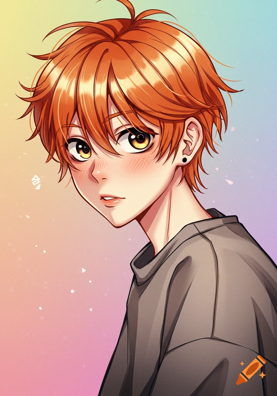 Anime portrait of a boy with orange hair and blushing cheeks