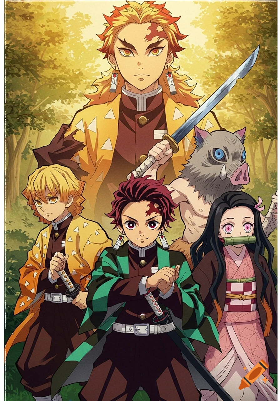 Anime illustration of the main Demon Slayer characters in a forest.