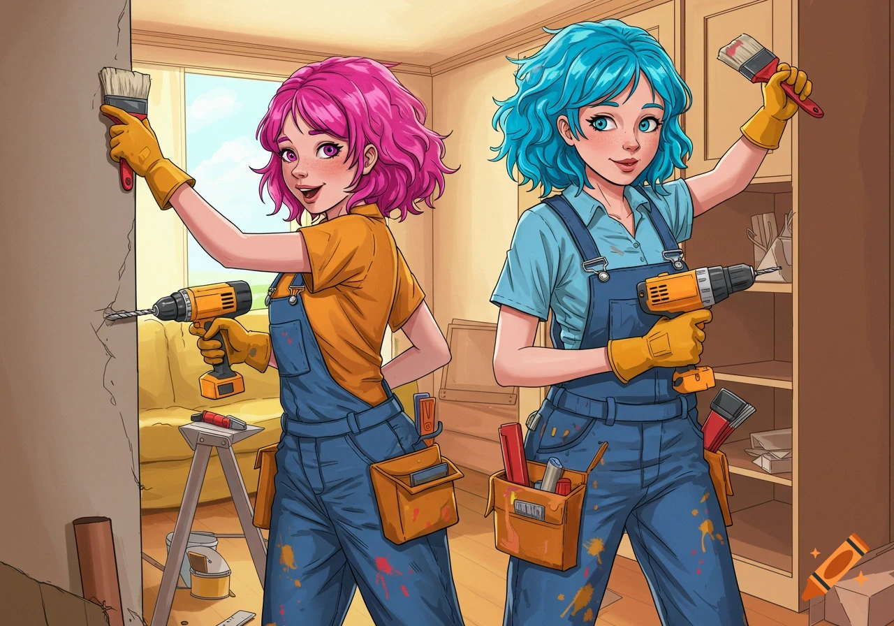Two anime-style girls in overalls with pink and blue hair hold a paint brush and a drill while working on a wall.