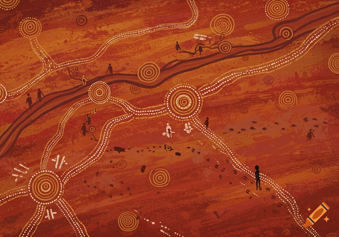 Stylized Indigenous Australian art depicting a map with paths, circles, and figures on a red background.