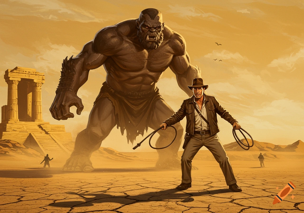 Indiana Jones faces a giant monster in a desert landscape with ruins, digital illustration style.